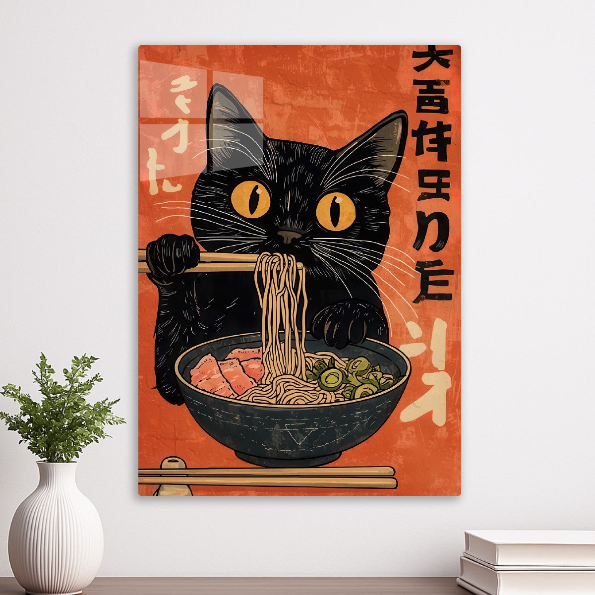 Black cat eating ramen
