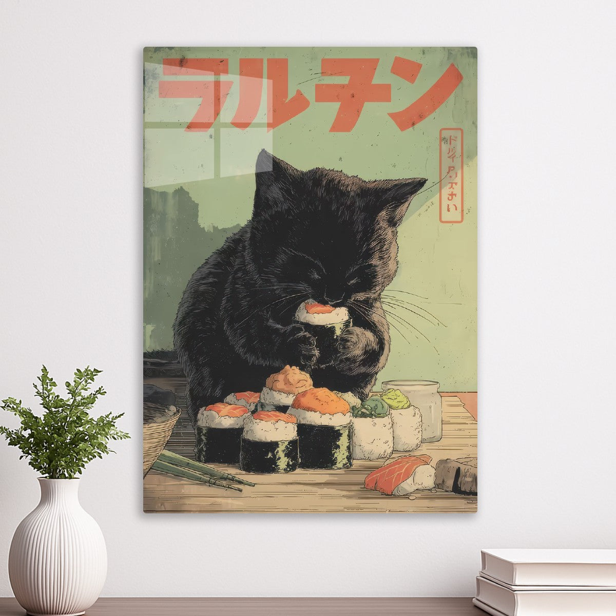 Black cat eating sushi