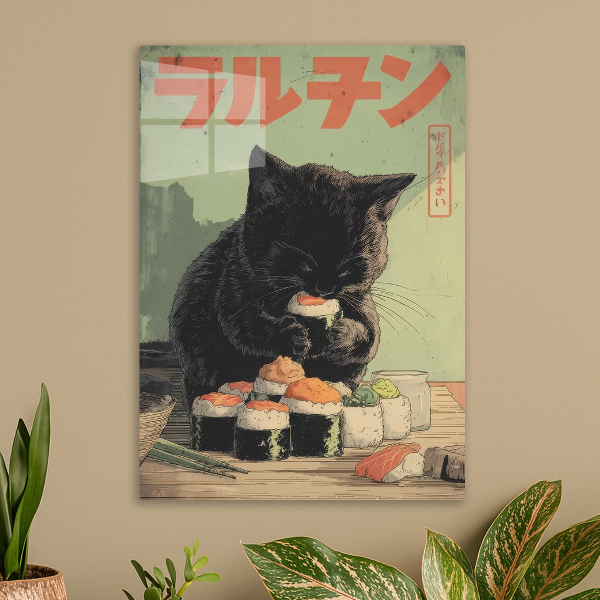 Black cat eating sushi