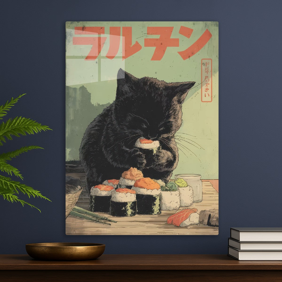 Black cat eating sushi