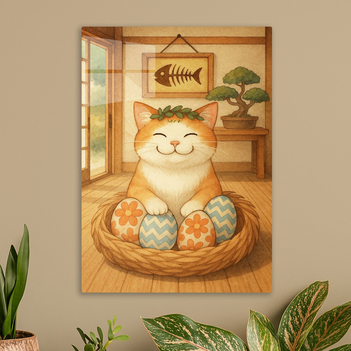 Smiling Cat with Easter Eggs