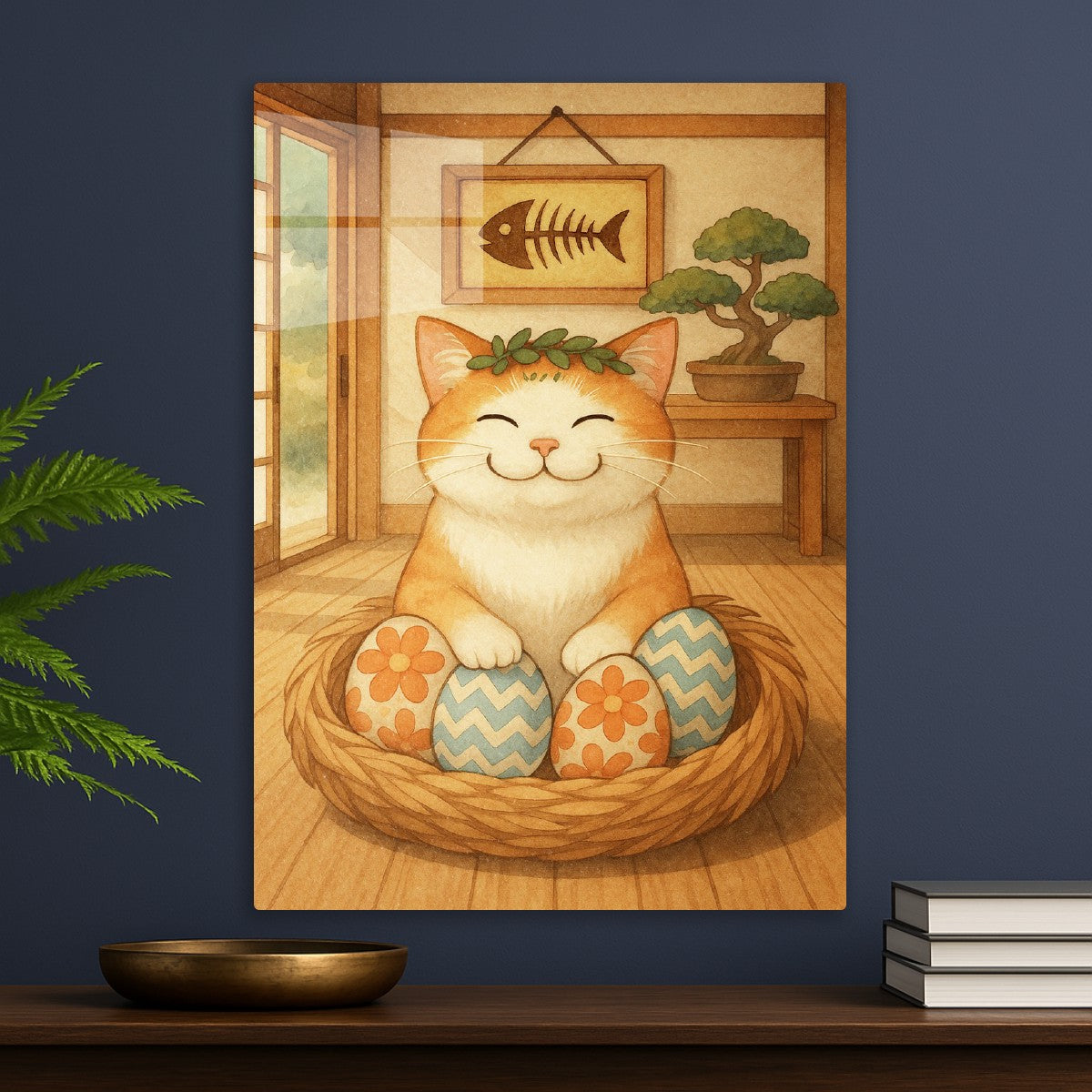 Smiling Cat with Easter Eggs
