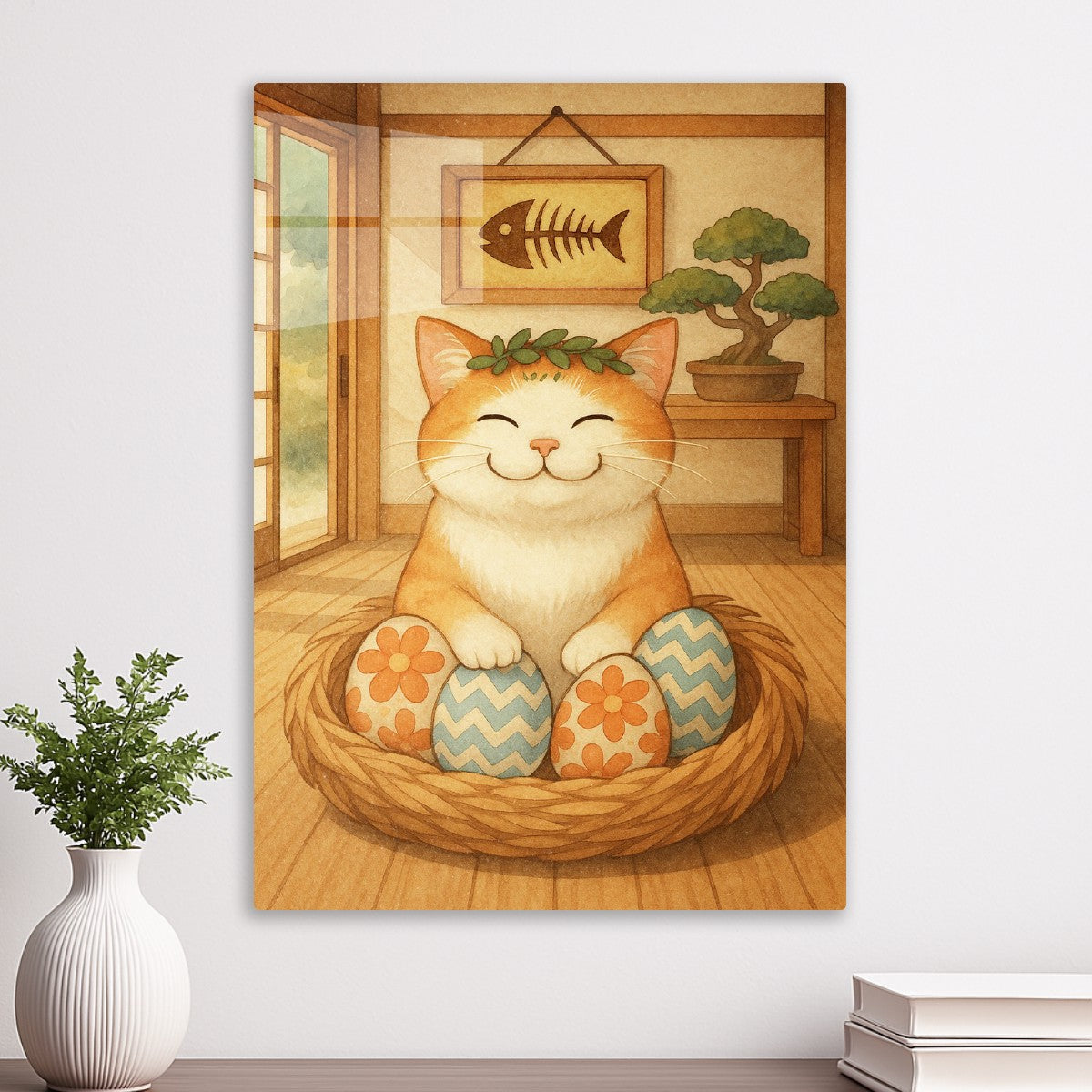 Smiling Cat with Easter Eggs