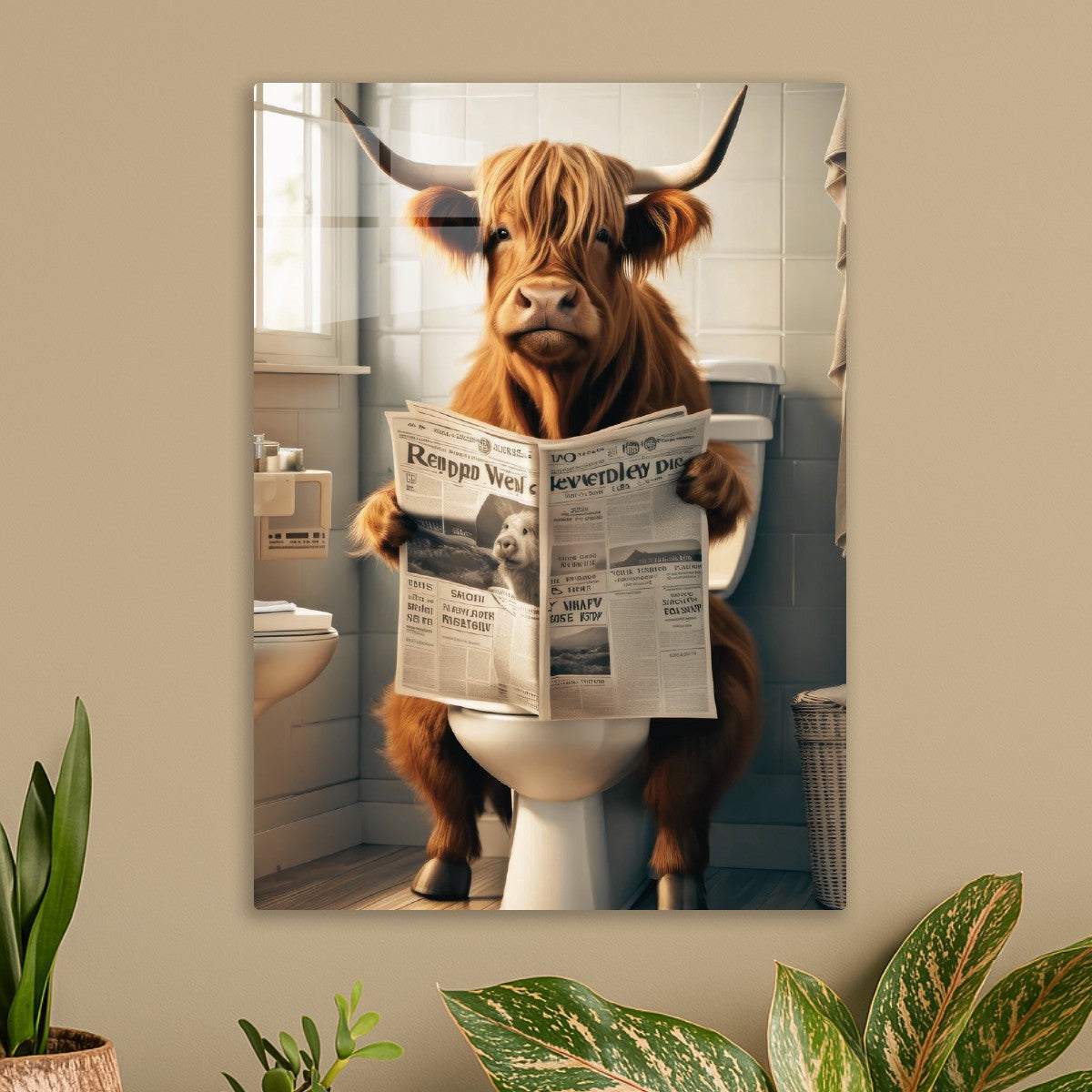 Highland cow on the toilet