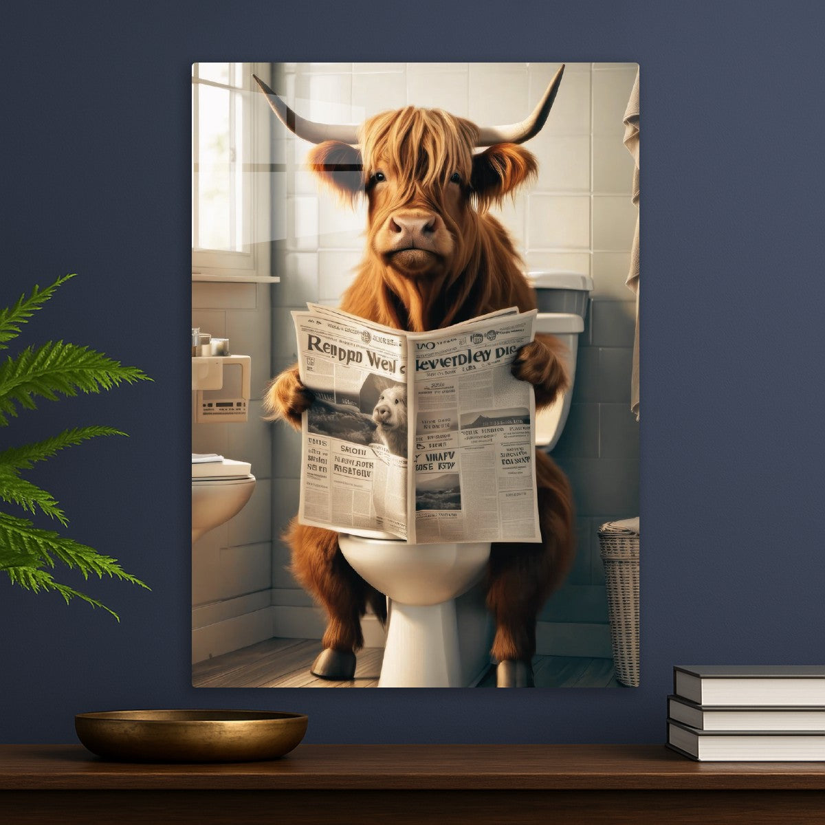 Highland cow on the toilet