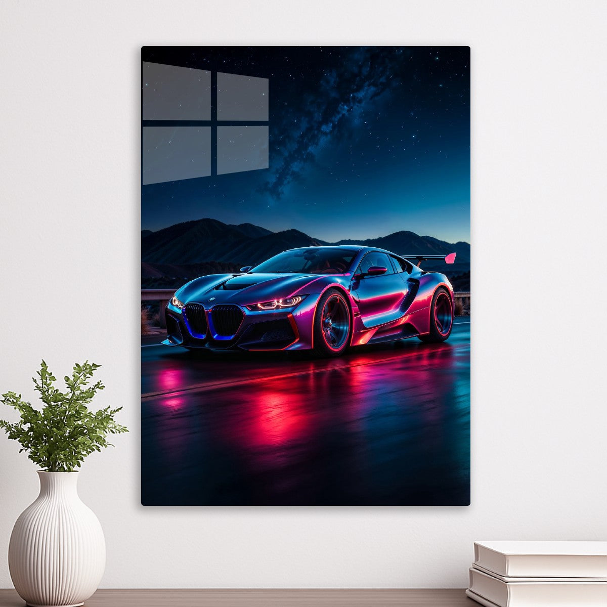 Neon BMW Sports Car at Night