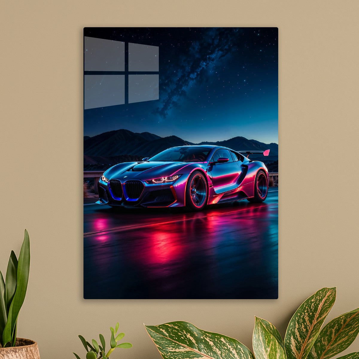 Neon BMW Sports Car at Night