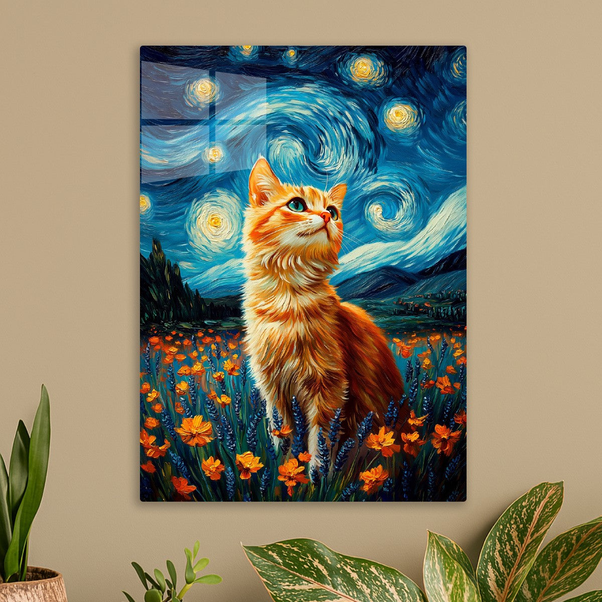 Cat and Starry Night Painting