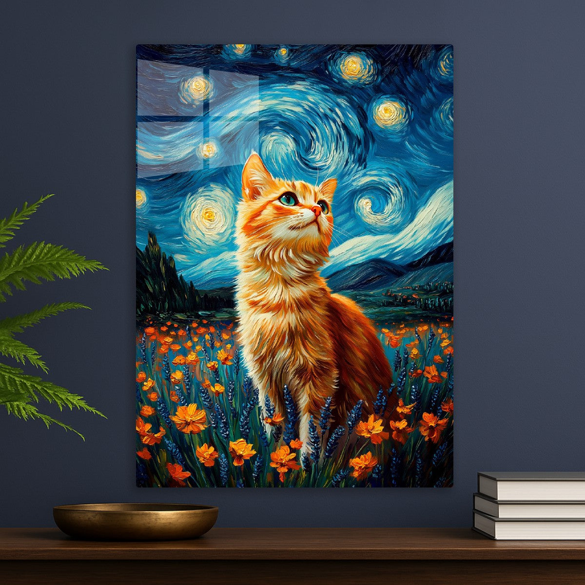 Cat and Starry Night Painting