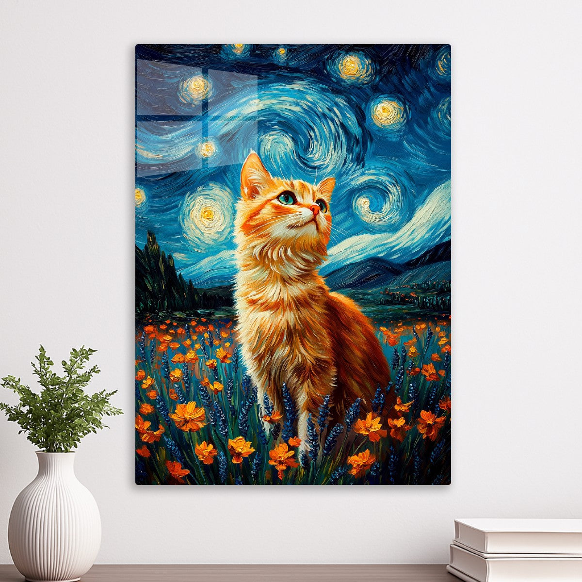 Cat and Starry Night Painting