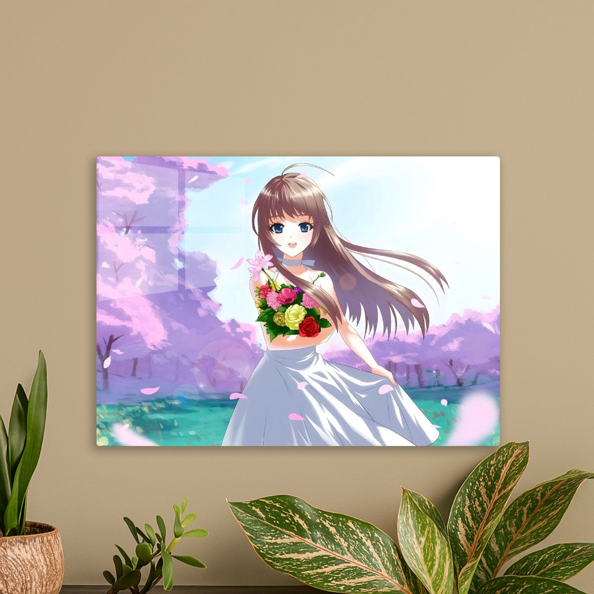 Anime girl holding a bouquet 