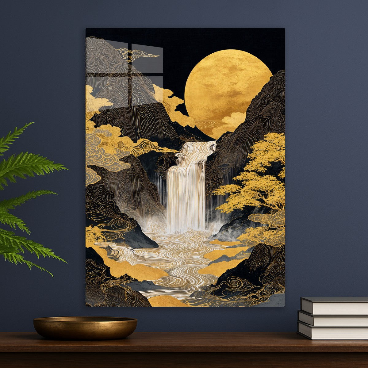 Golden Cascade Under Moonlight