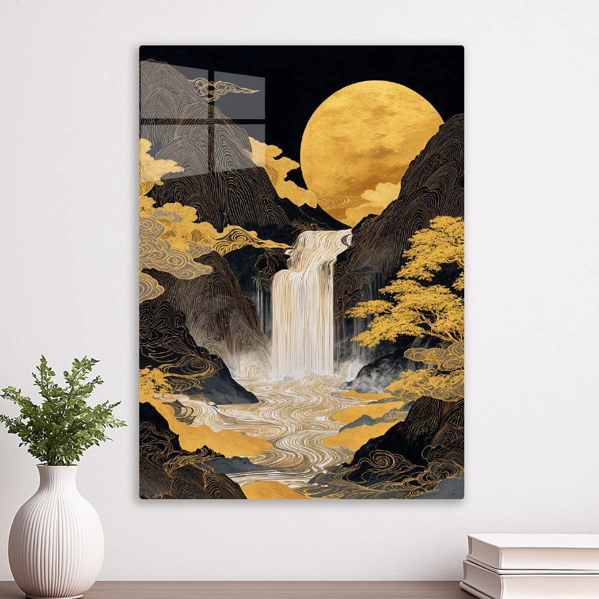 Golden Cascade Under Moonlight