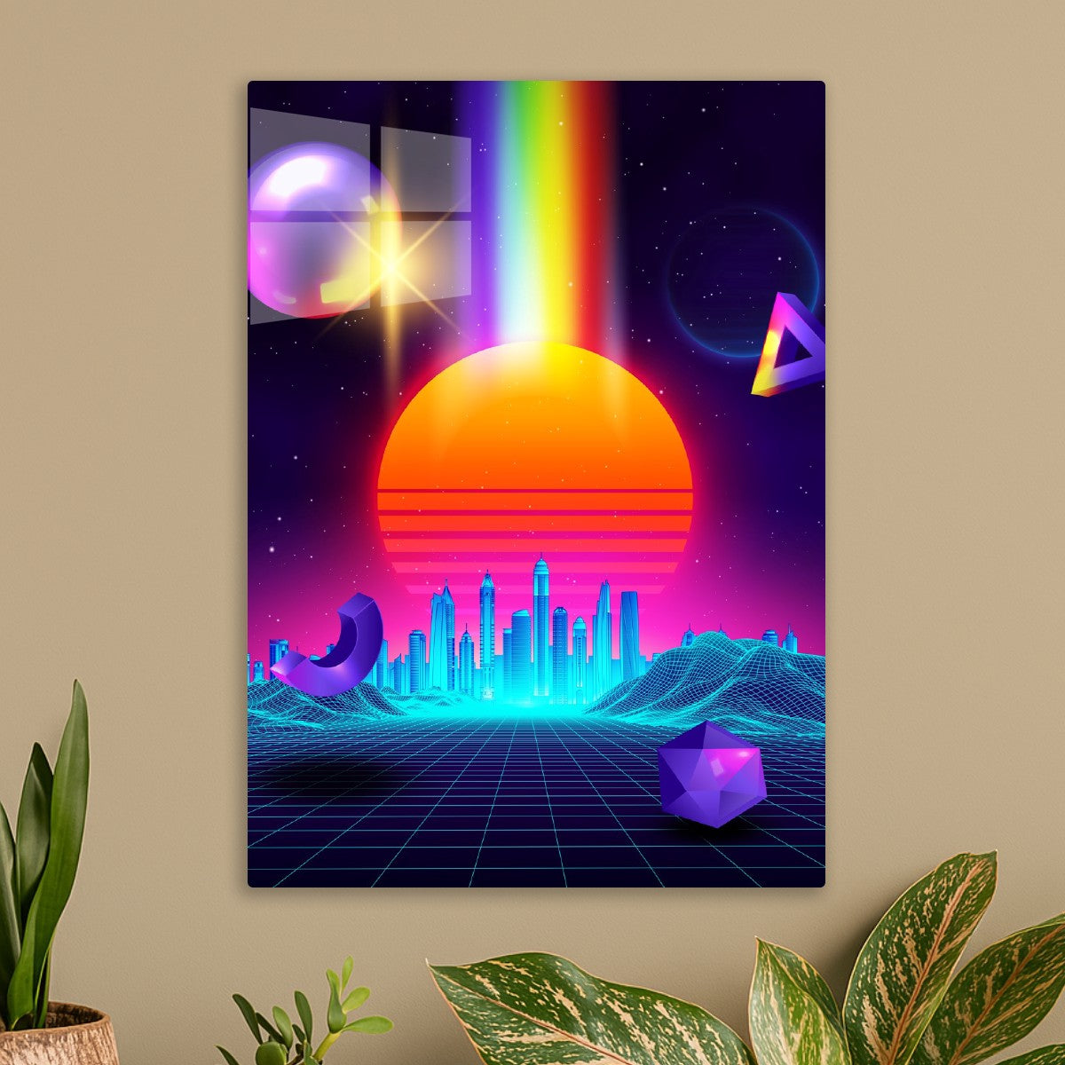 Neon sunset, city and sphere