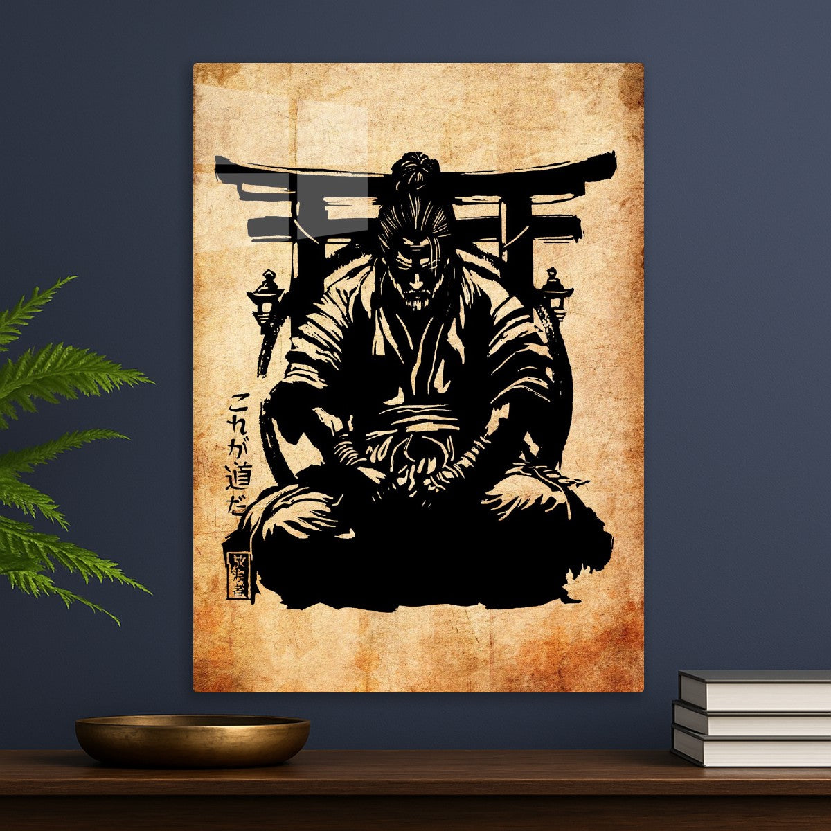 Japanese ninja kneels in front of torii gate 