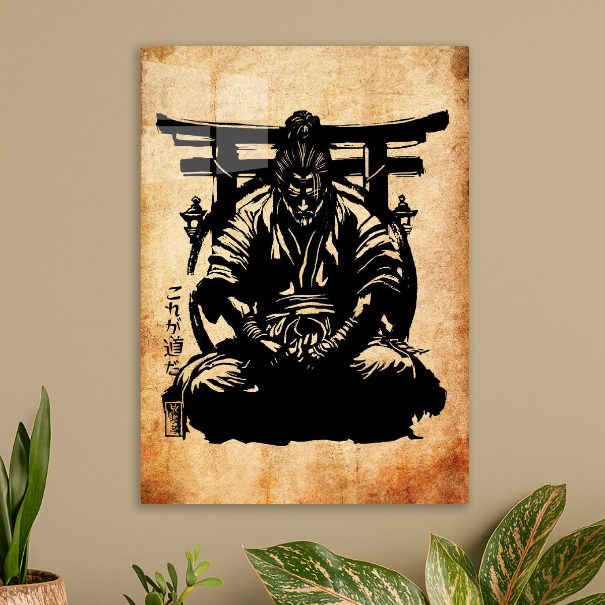 Japanese ninja kneels in front of torii gate 