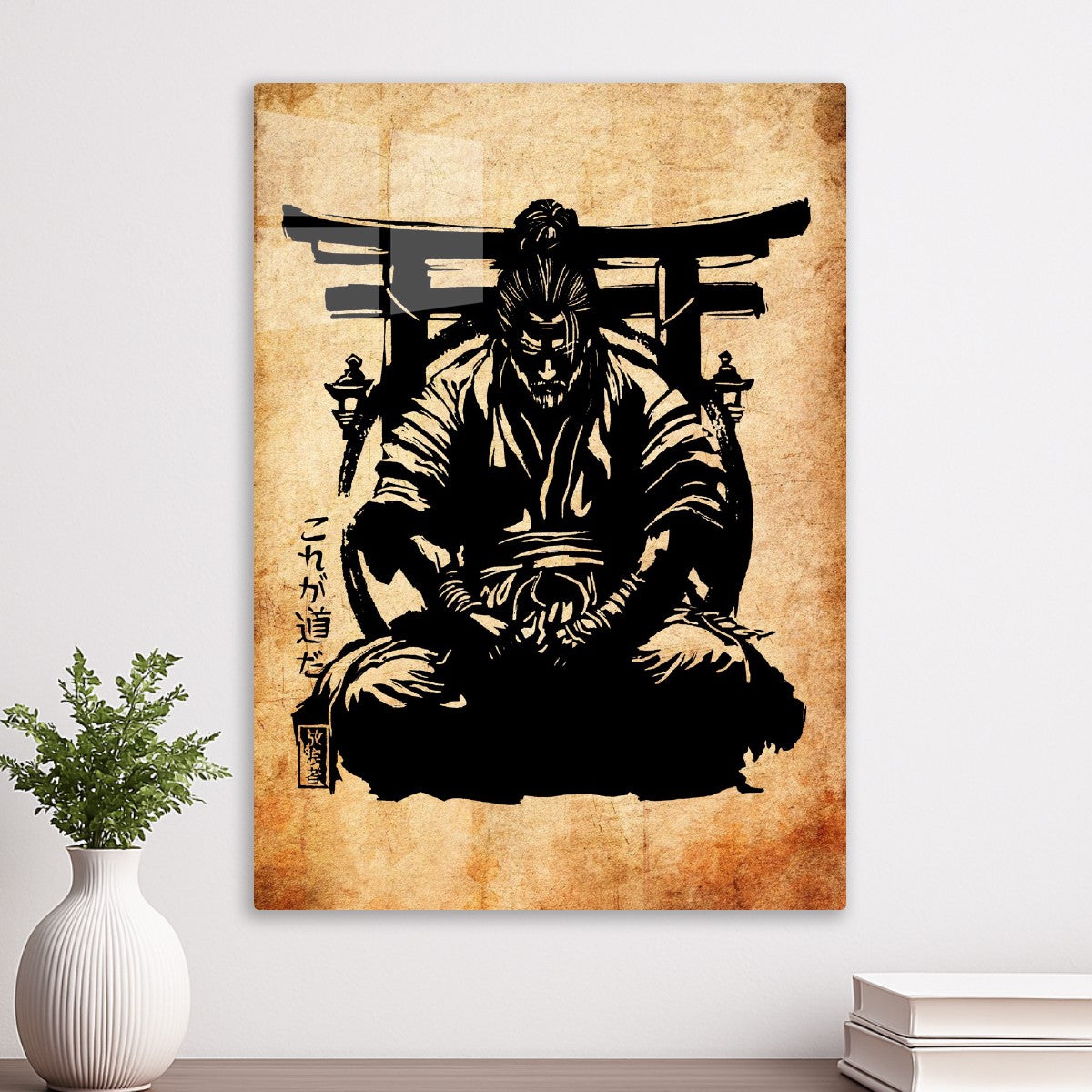 Japanese ninja kneels in front of torii gate 