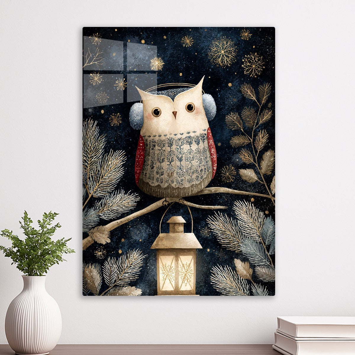 Owl with Lantern & Snowflakes