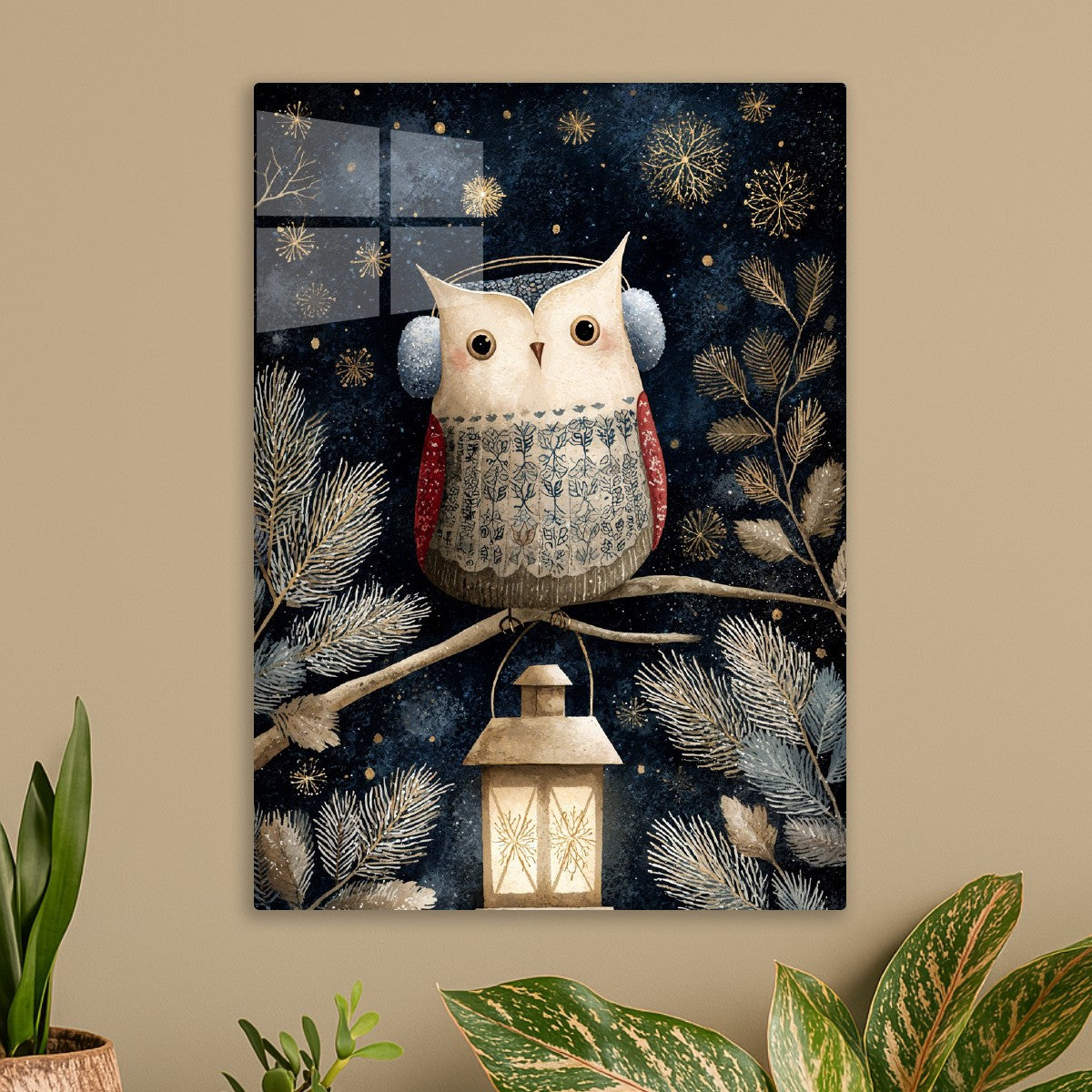Owl with Lantern & Snowflakes