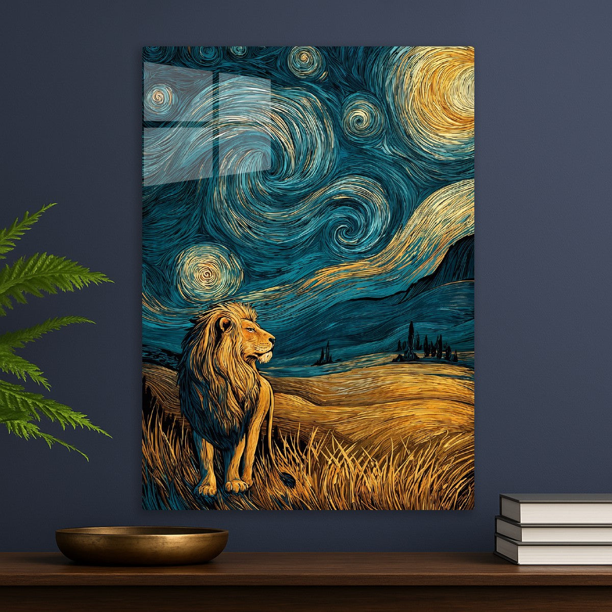 Starry Lion Under Swirls