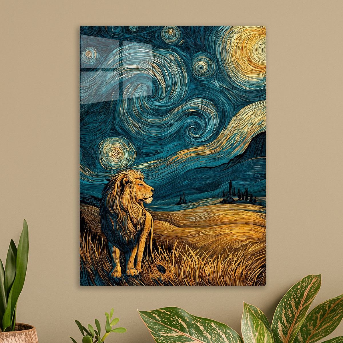 Starry Lion Under Swirls