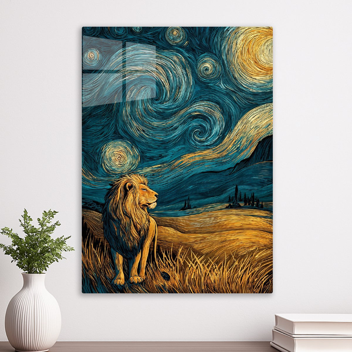 Starry Lion Under Swirls