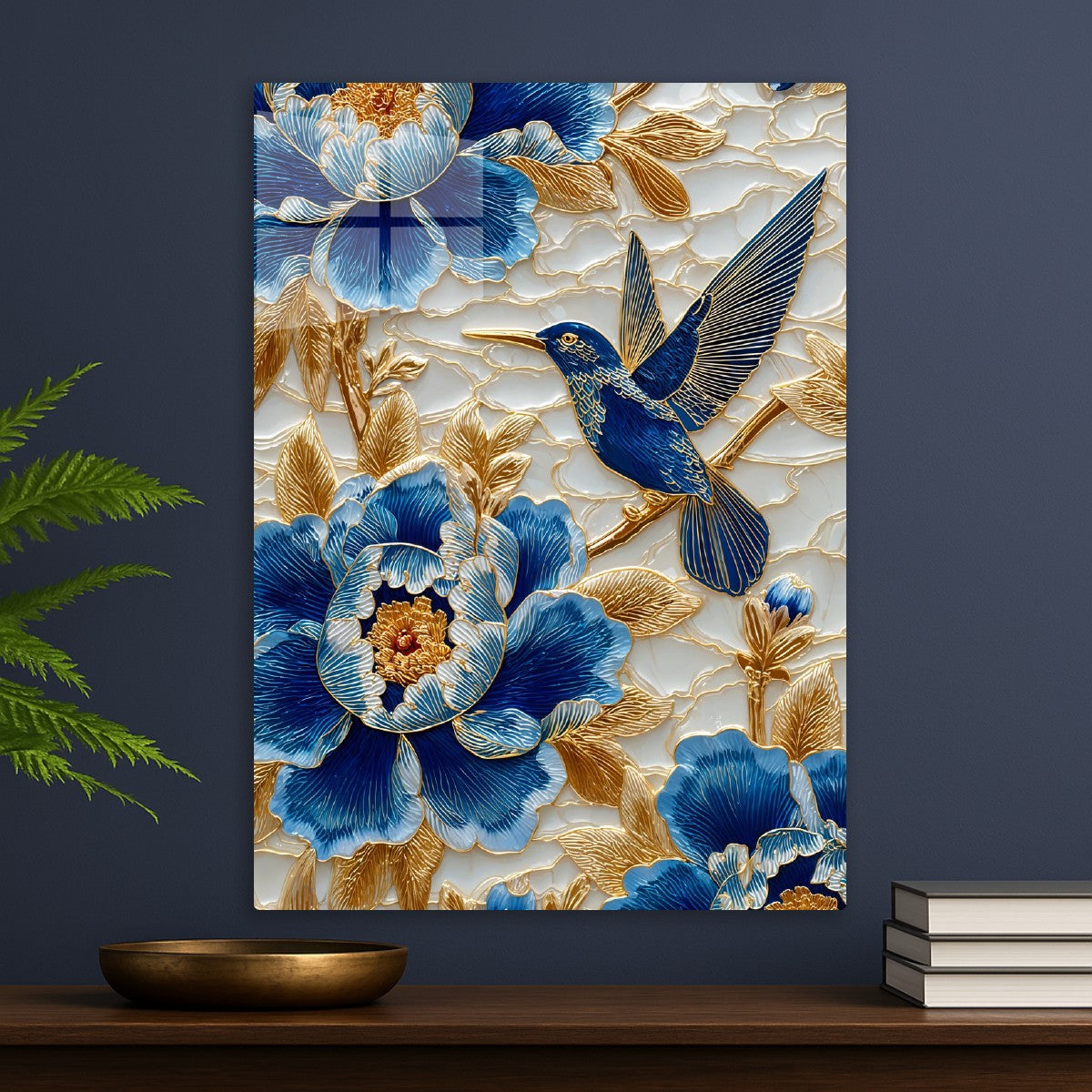 Blue Hummingbird Gold Peonies