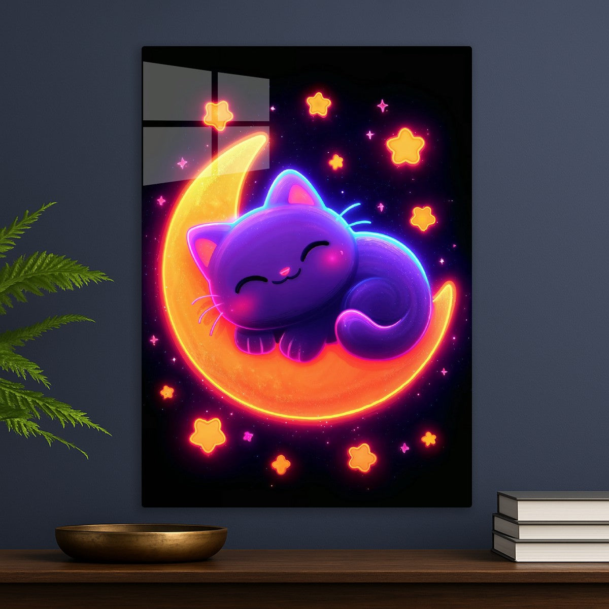 Neon Cat on Crescent Moon