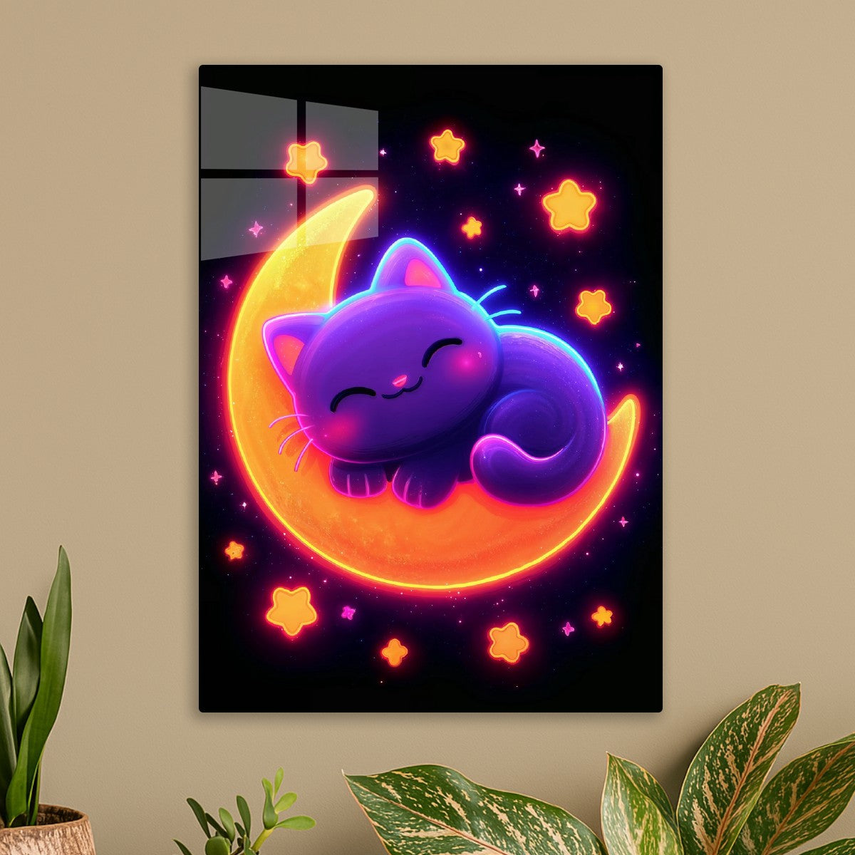 Neon Cat on Crescent Moon