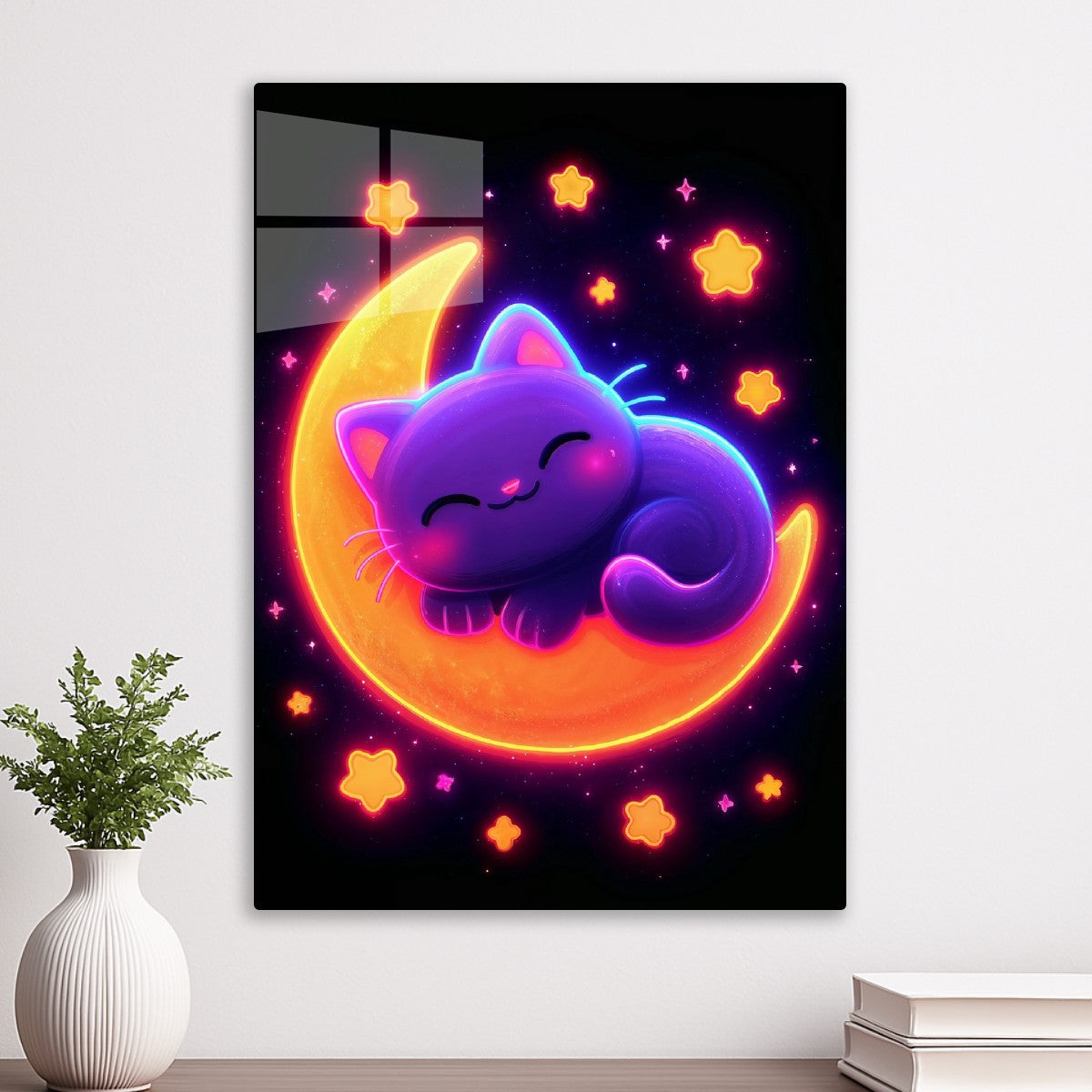Neon Cat on Crescent Moon
