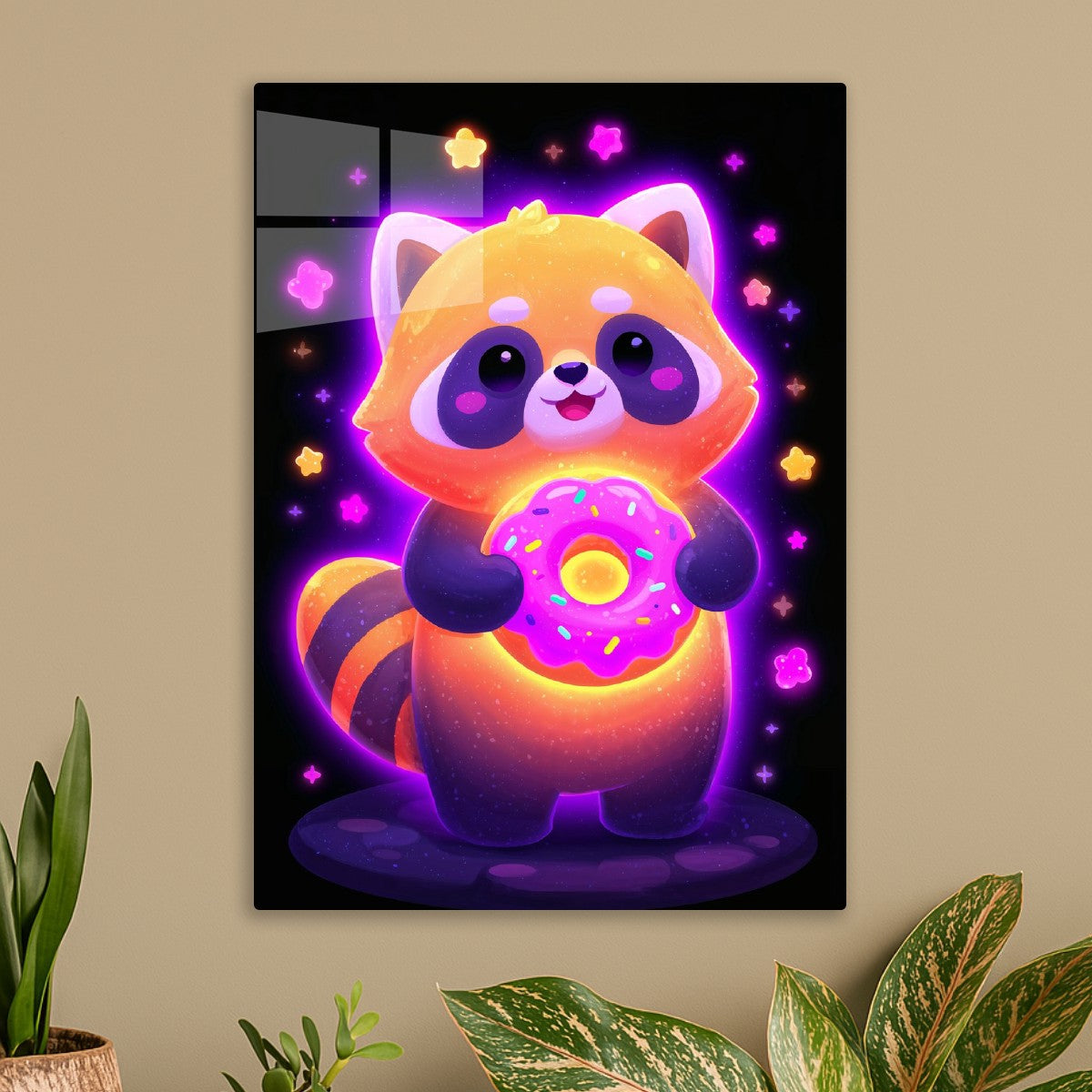 Neon Red Panda with Donut