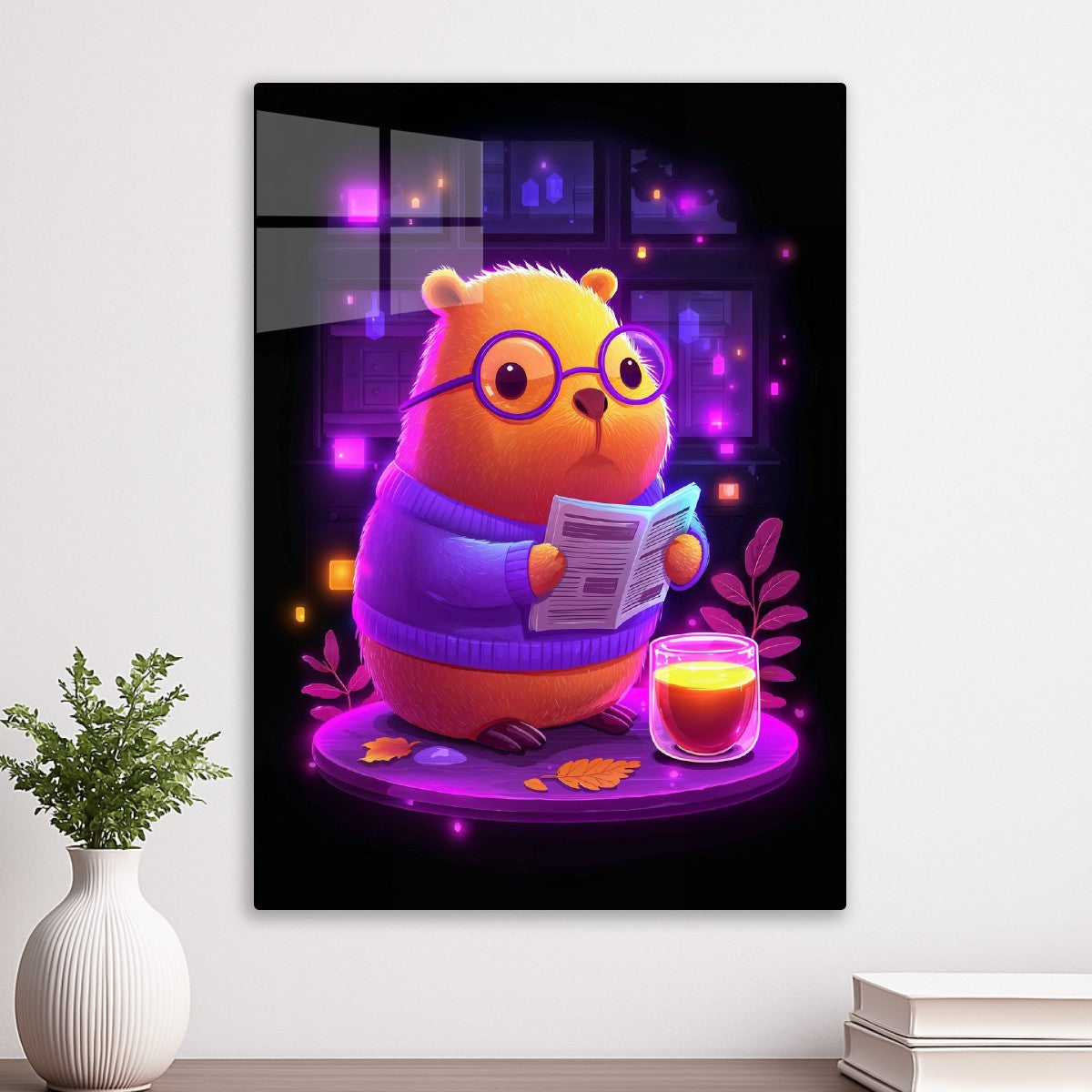 Neon Cozy Capybara Reading Tim