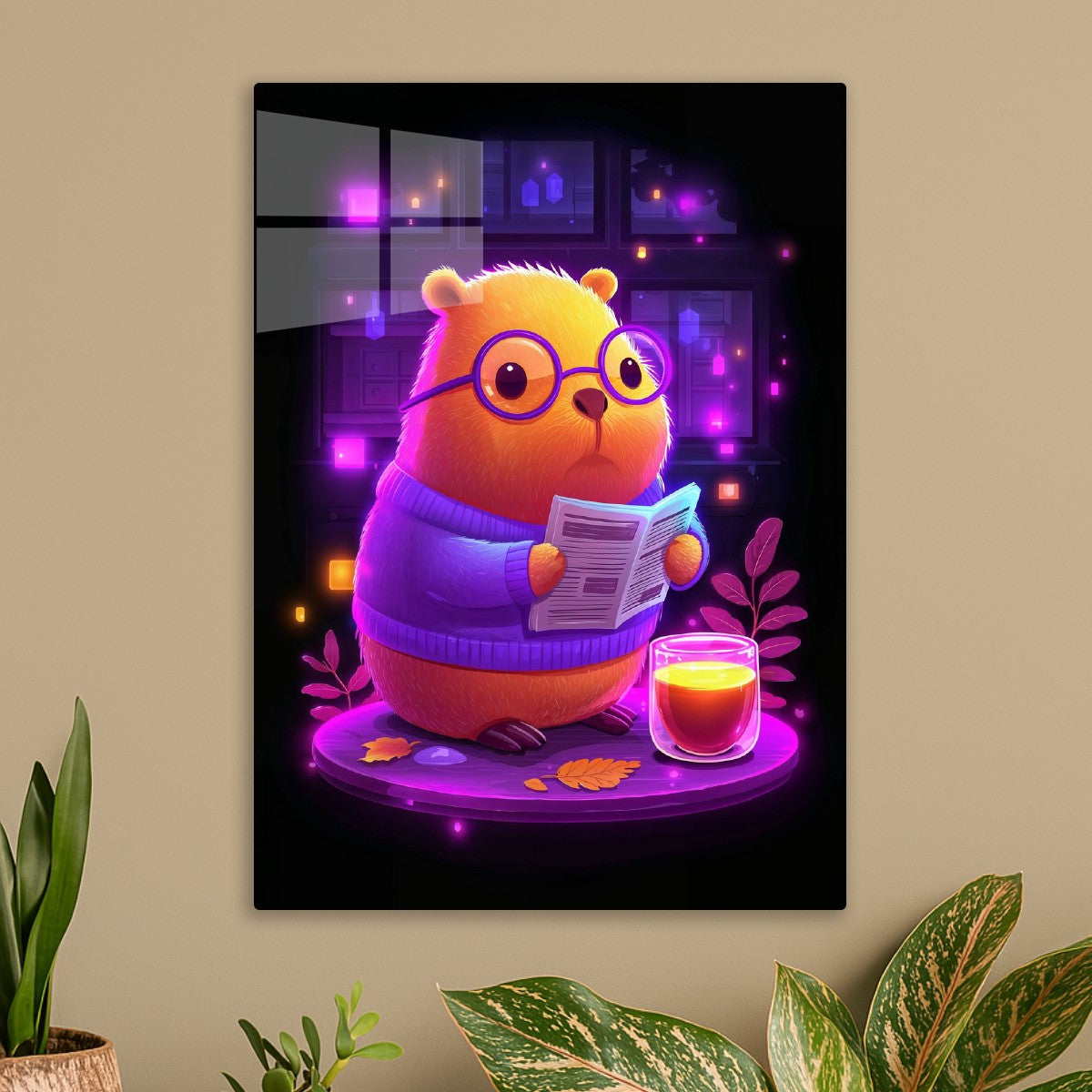 Neon Cozy Capybara Reading Tim