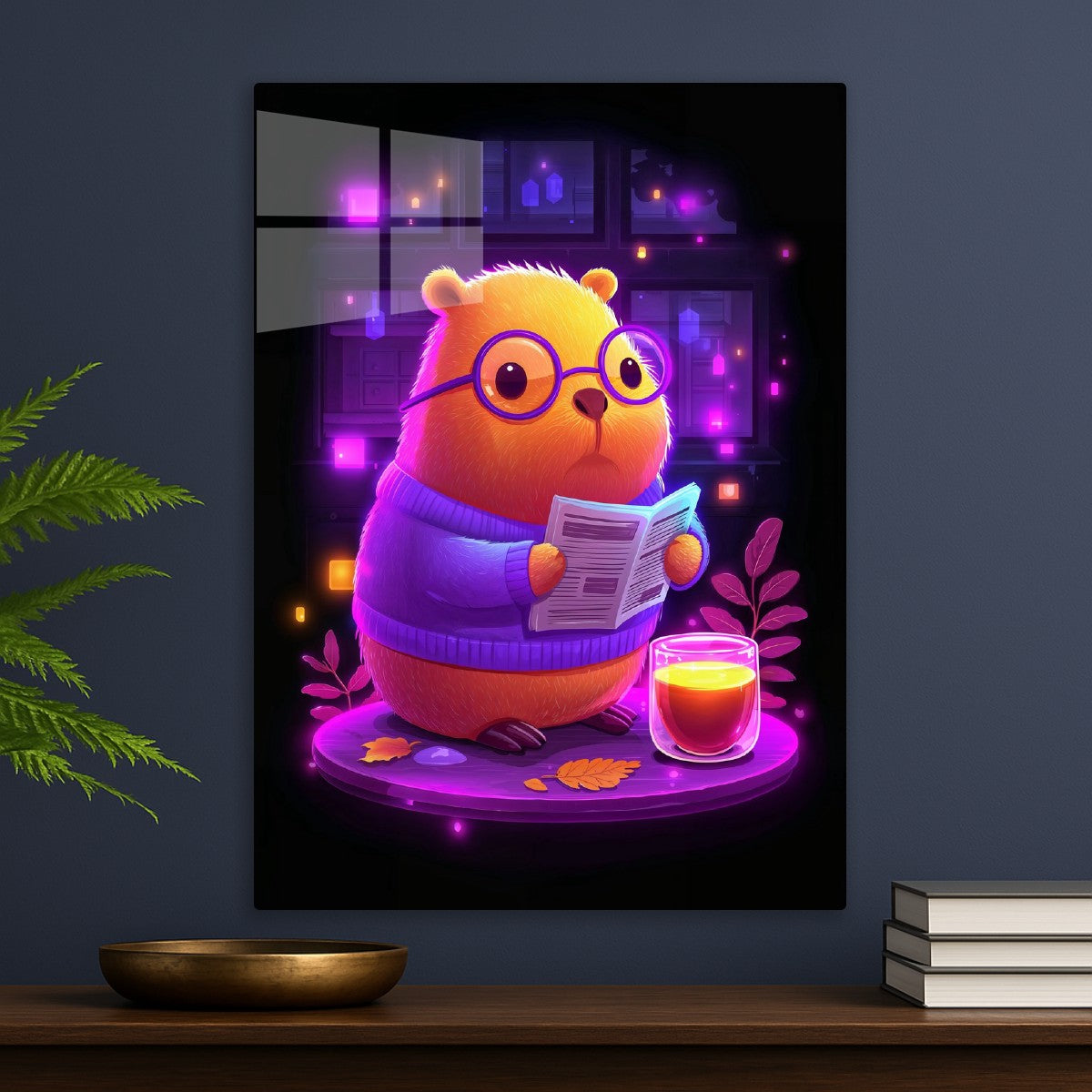 Neon Cozy Capybara Reading Tim