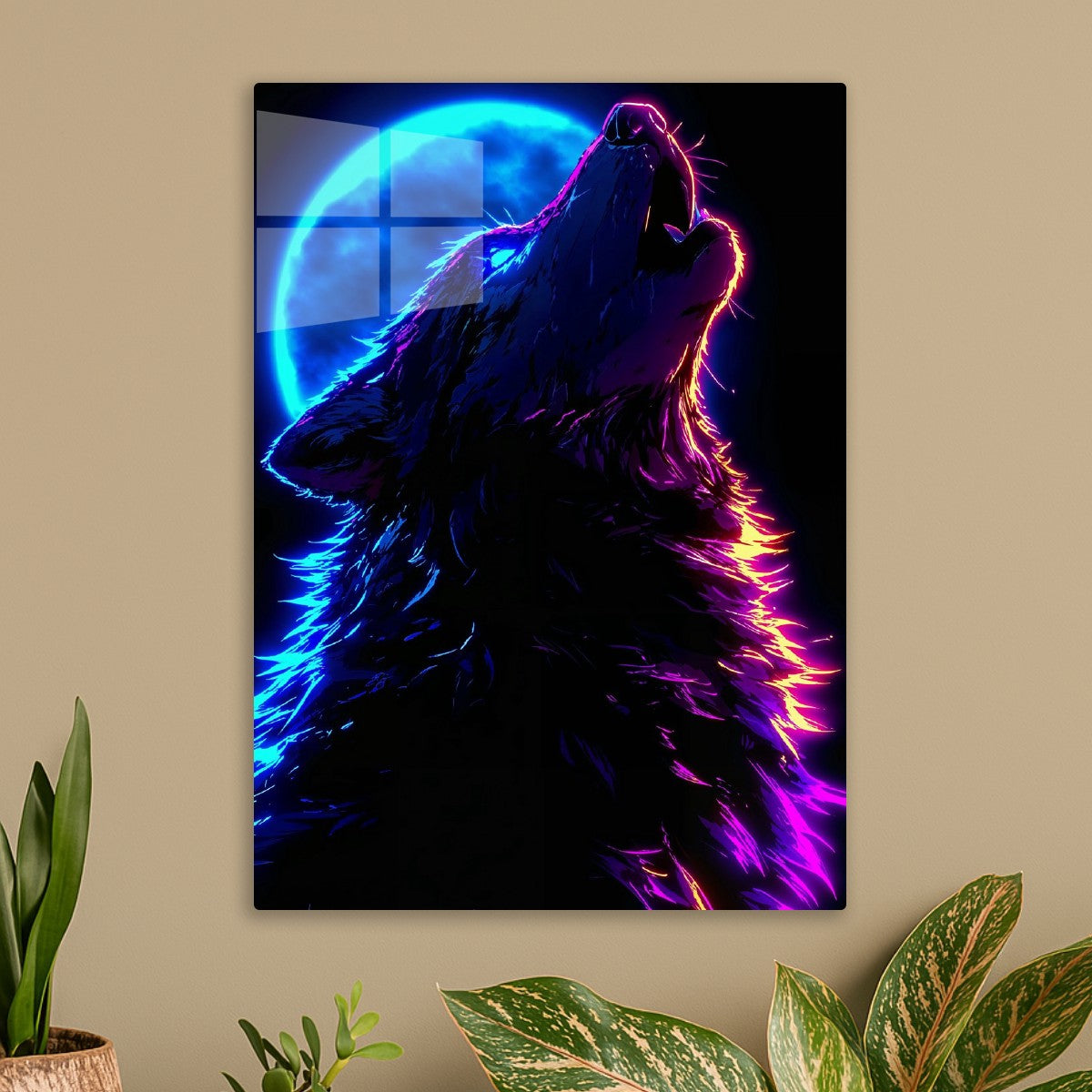 Neon Wolf Howling at Moon