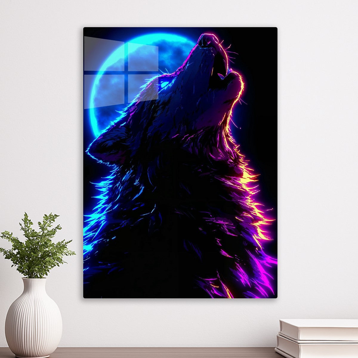 Neon Wolf Howling at Moon