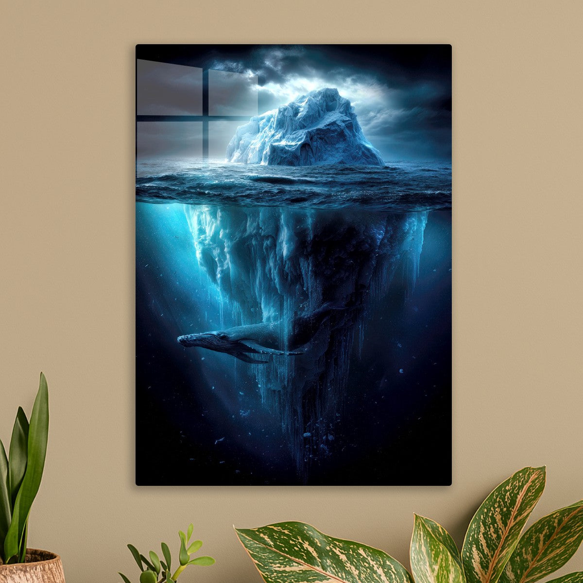 Whale Swimming Beneath Iceberg