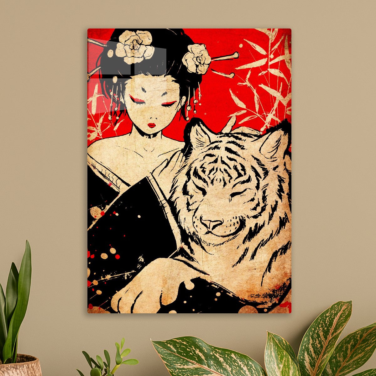 Japanese Geisha and white tiger