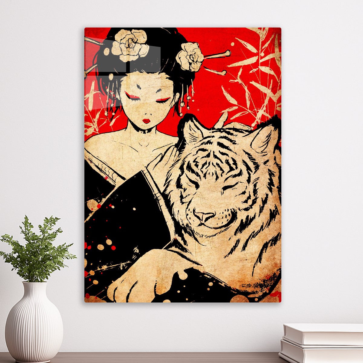 Japanese Geisha and white tiger