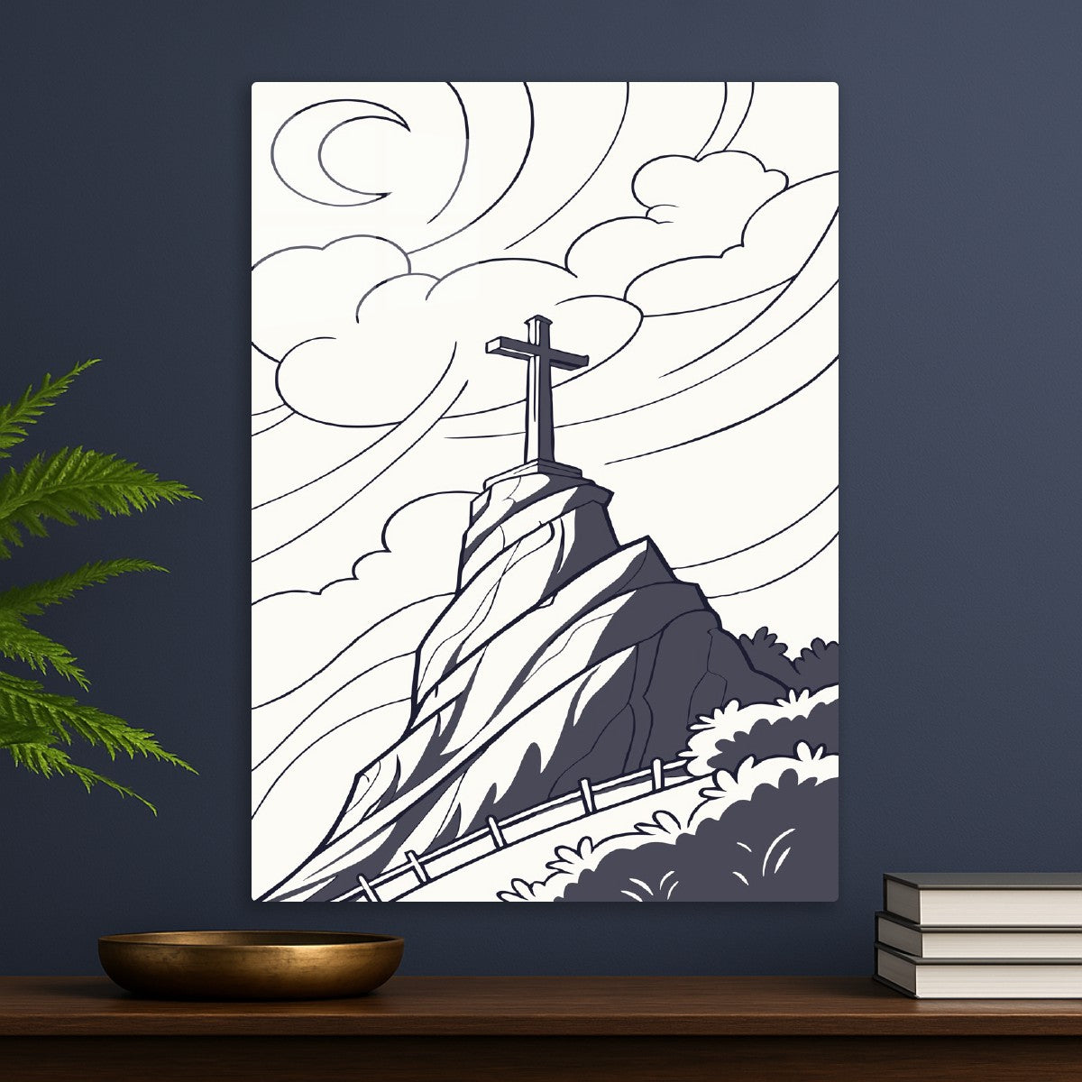 Cross on the Hill Line Art