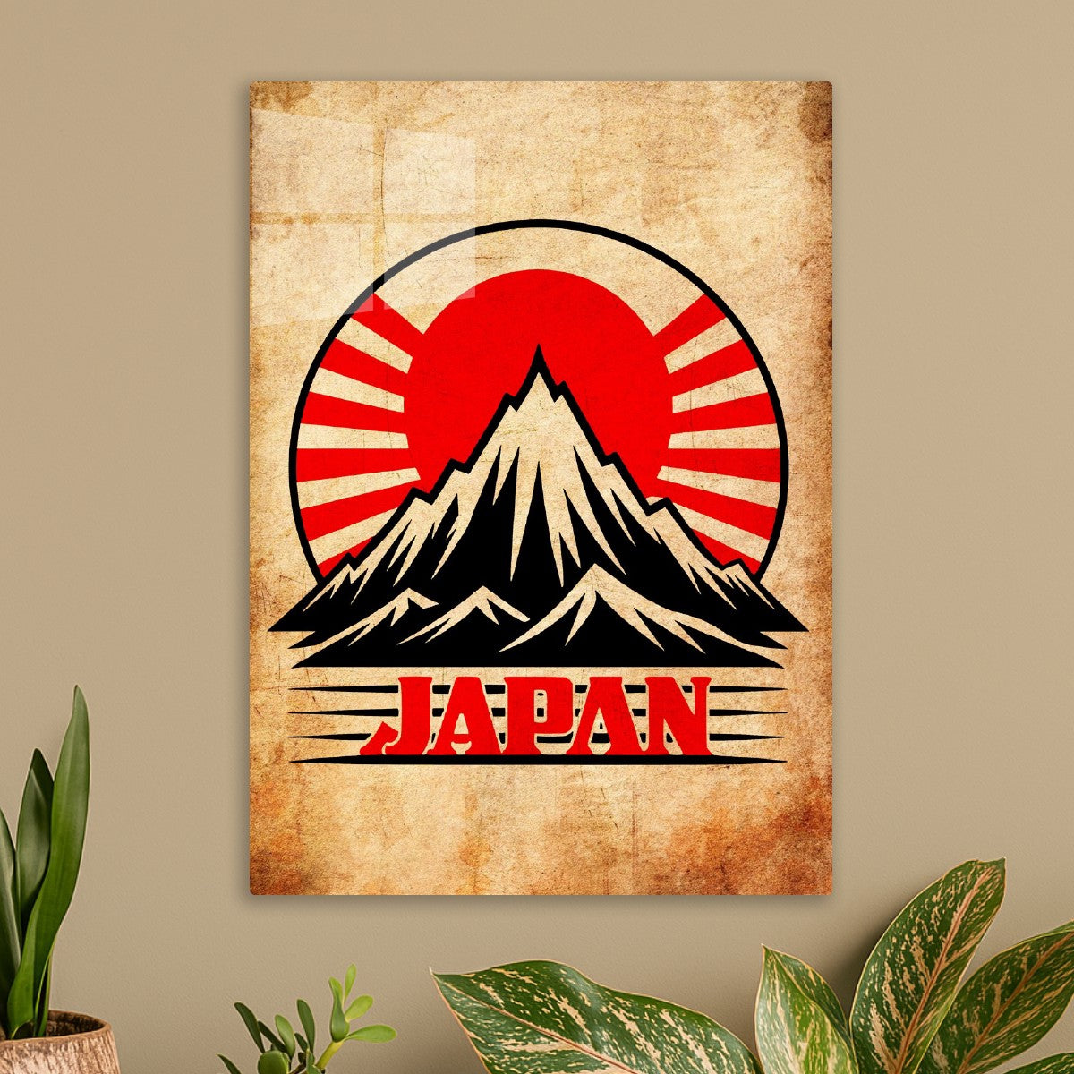 Japanese mountain and red sun art 