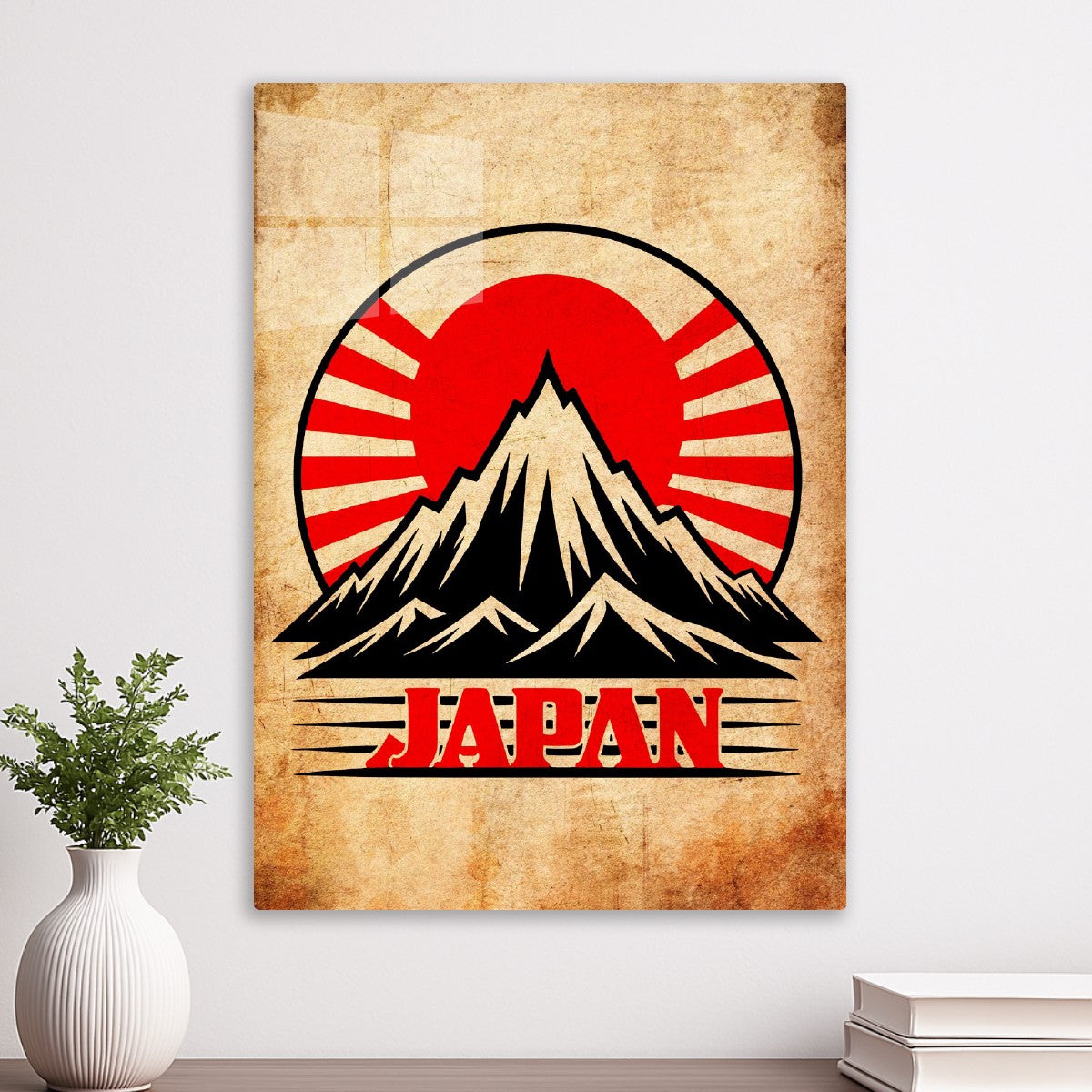 Japanese mountain and red sun art 