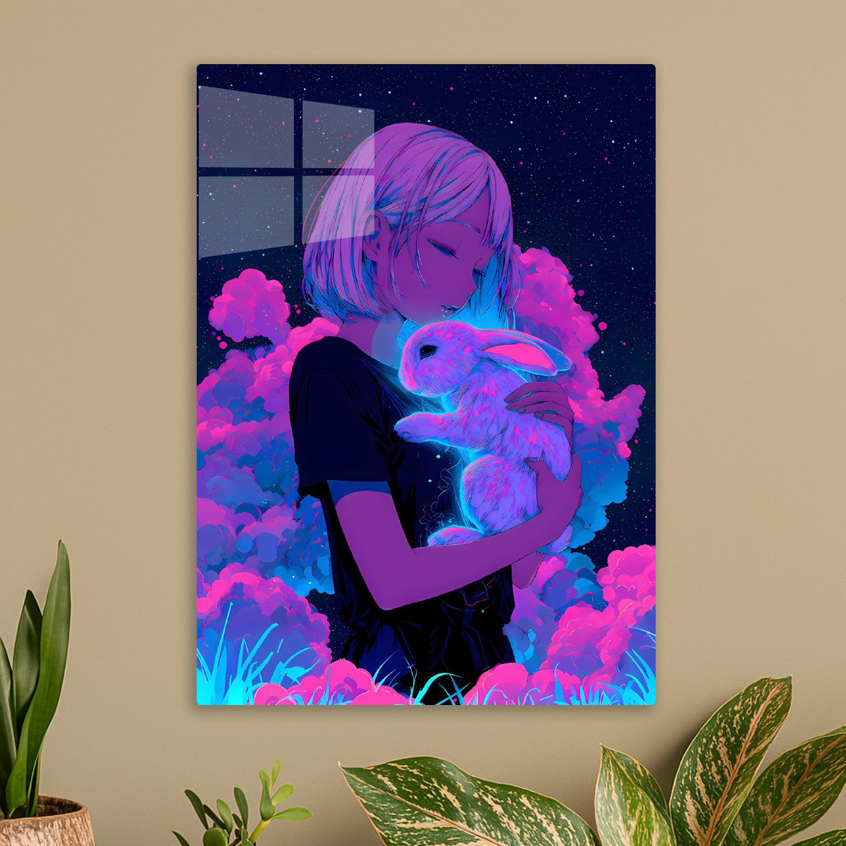 Neon Anime Girl With Bunny