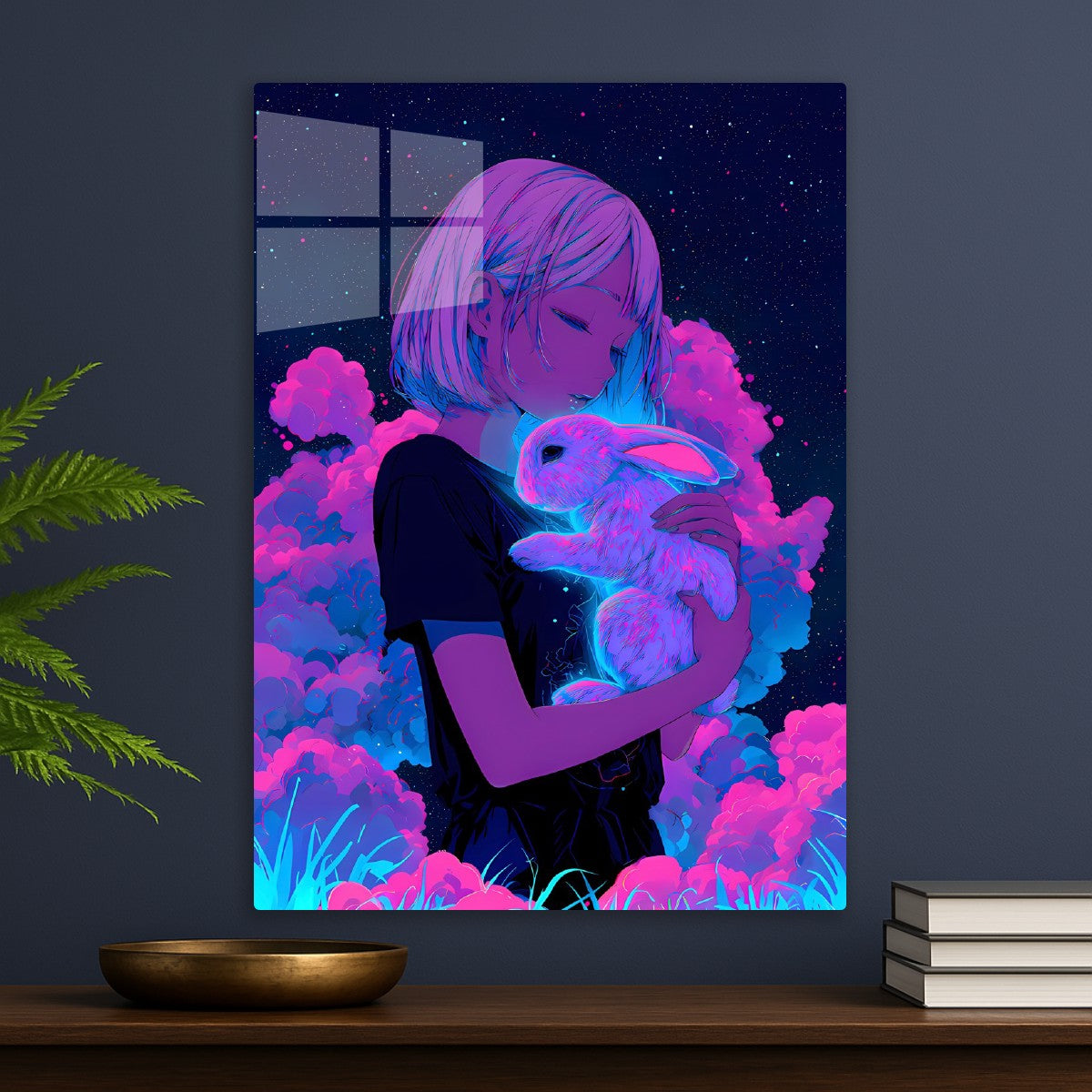 Neon Anime Girl With Bunny