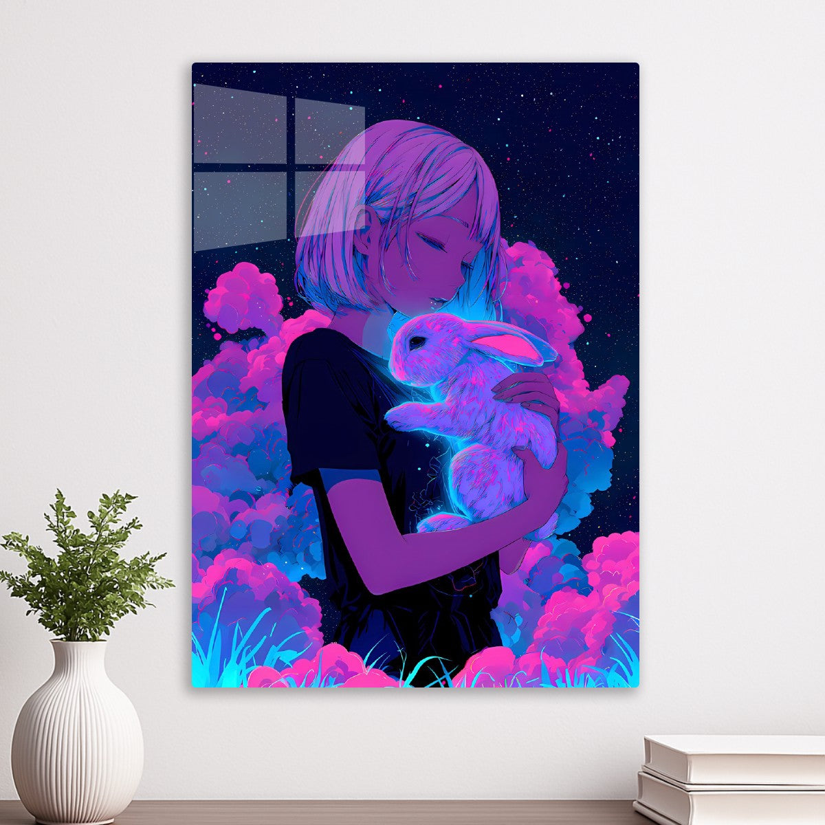 Neon Anime Girl With Bunny