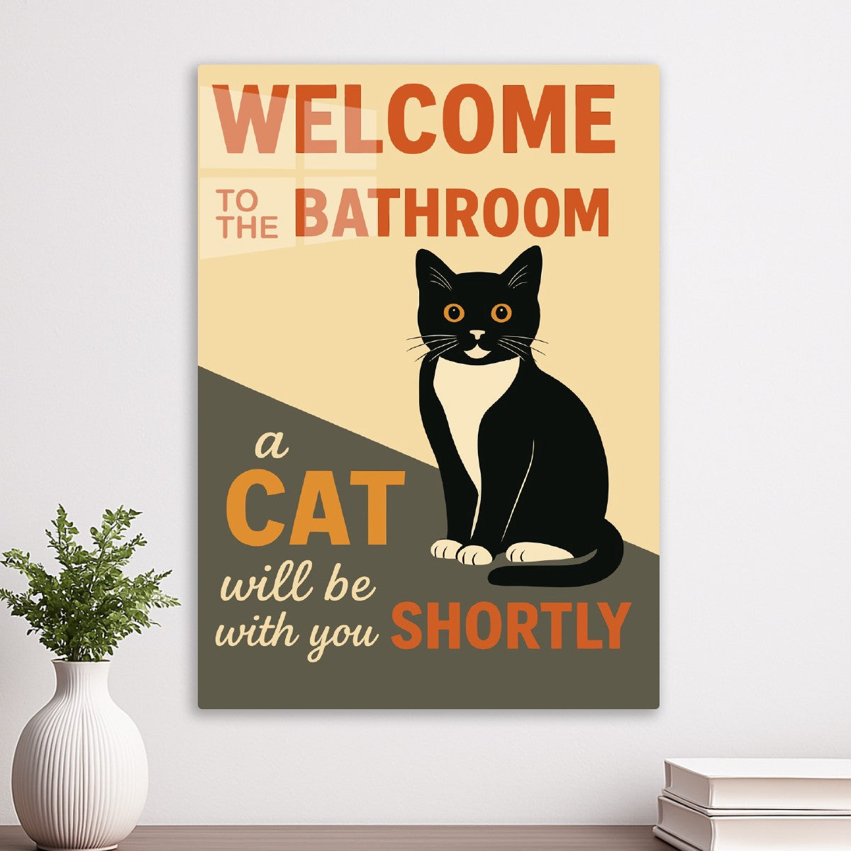 Tuxedo cat welcome bathroom 