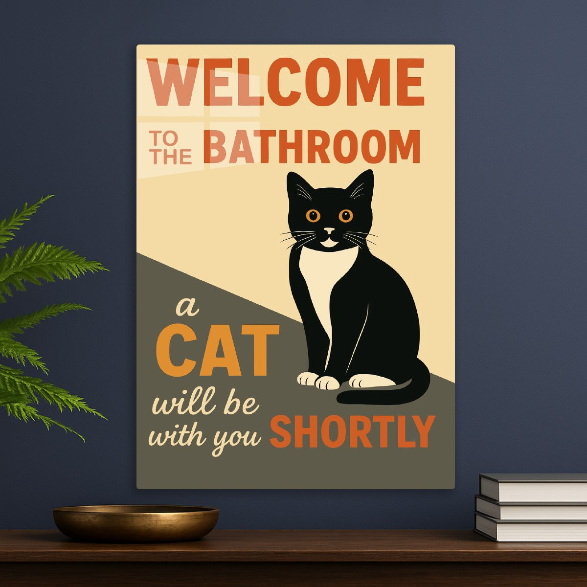 Tuxedo cat welcome bathroom 