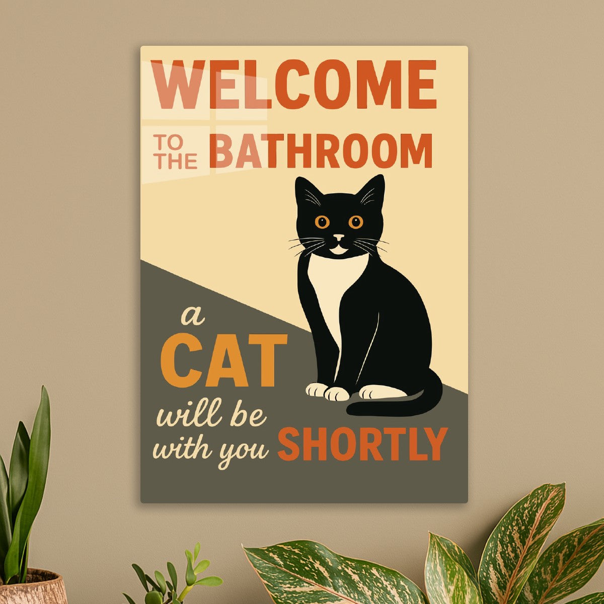 Tuxedo cat welcome bathroom 