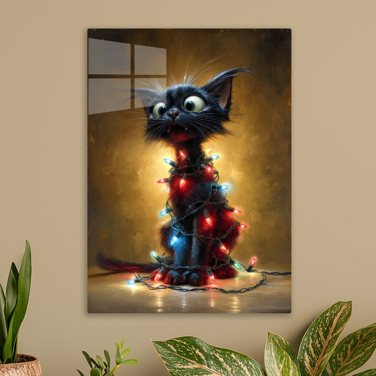 Curious Black Kitten Tangle With Lights