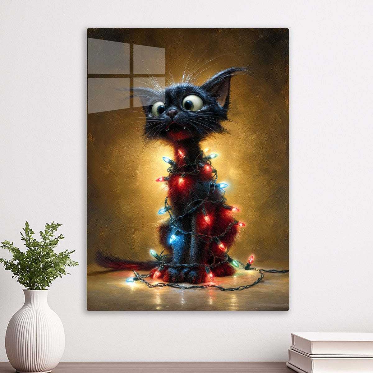 Curious Black Kitten Tangle With Lights